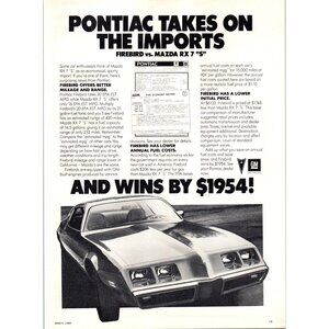 1980 Pontiac Firebird vs Mazda RX7 Sports Car Vintage Print Ad 80s Wall Art